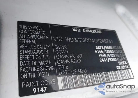 2016 Mercedes-Benz Sprinter 2500 High Roof z USA, uszkodzony, nr VIN WD3PE8DD4GP248761